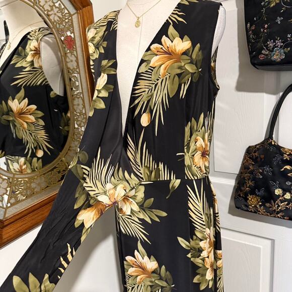 VTG 90s Maggy L Black, Yellow & Green 100% Silk Tropical Floral Wrap Midi Dress - Picture 7 of 8